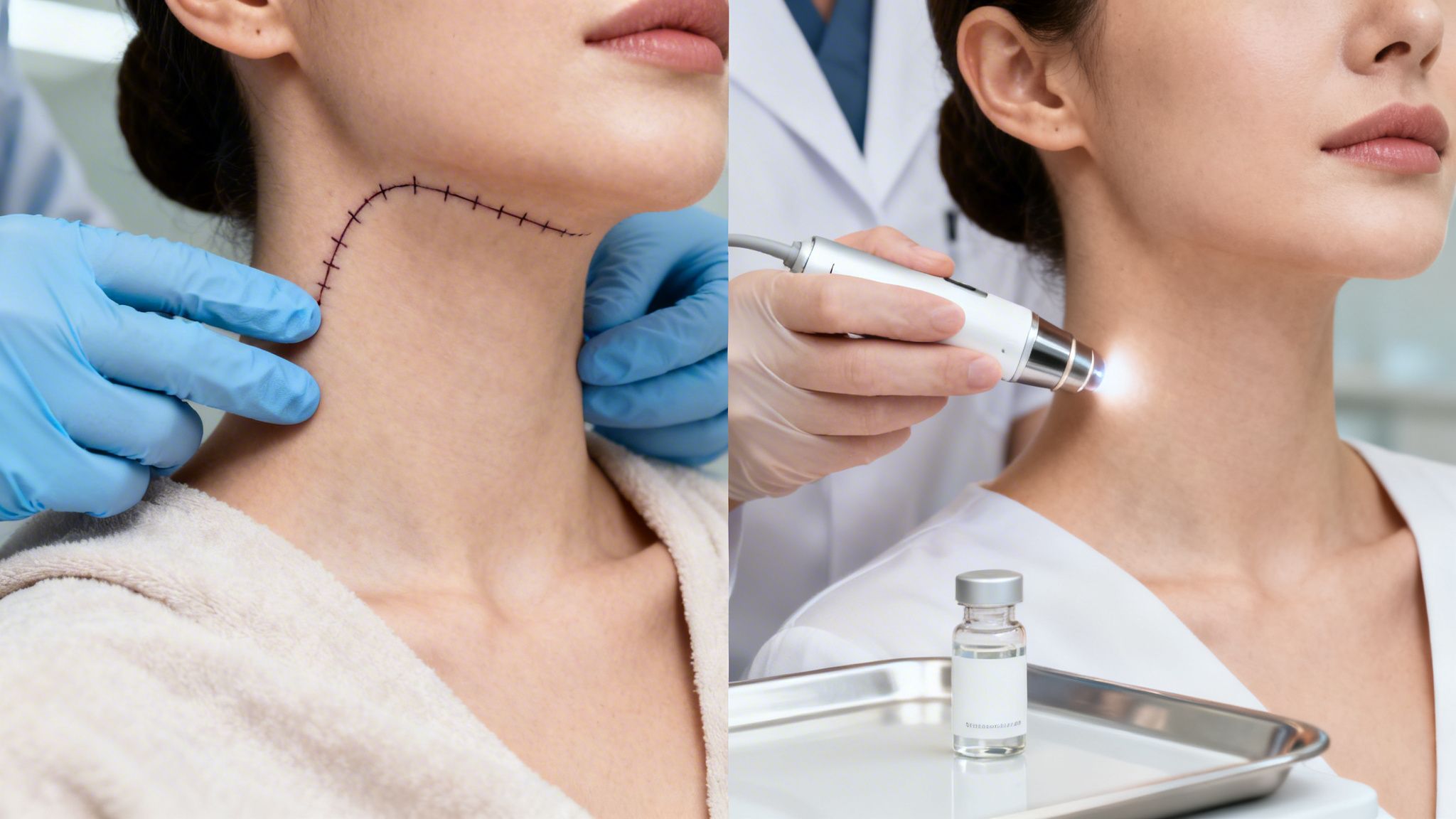 Before-and-after neck lift treatment results.