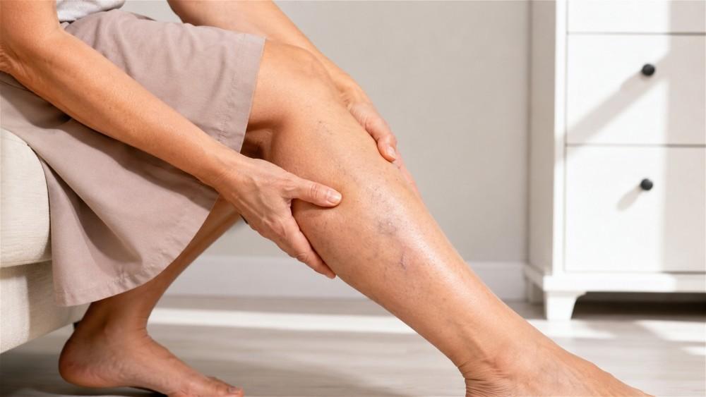 3423 Woman experiencing leg pain and discomfort.